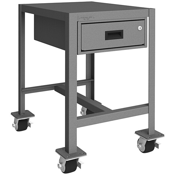 A grey metal machine table with a drawer and wheels.