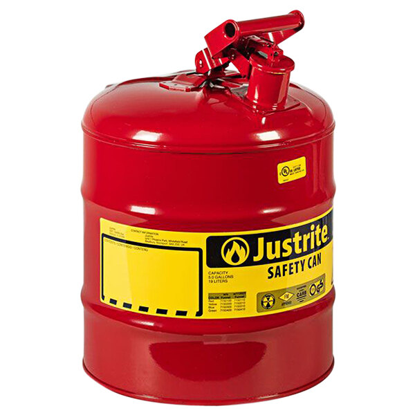 A Justrite 5 gallon red steel safety fuel can with yellow label.