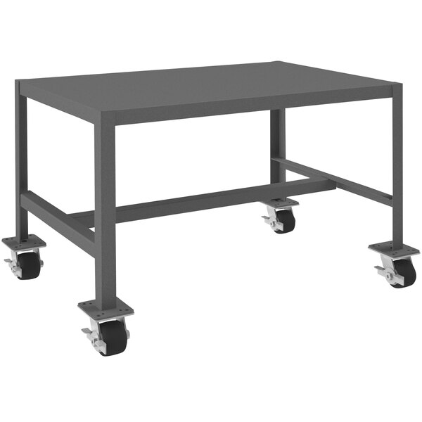 A gray metal Durham Machine Table with wheels.