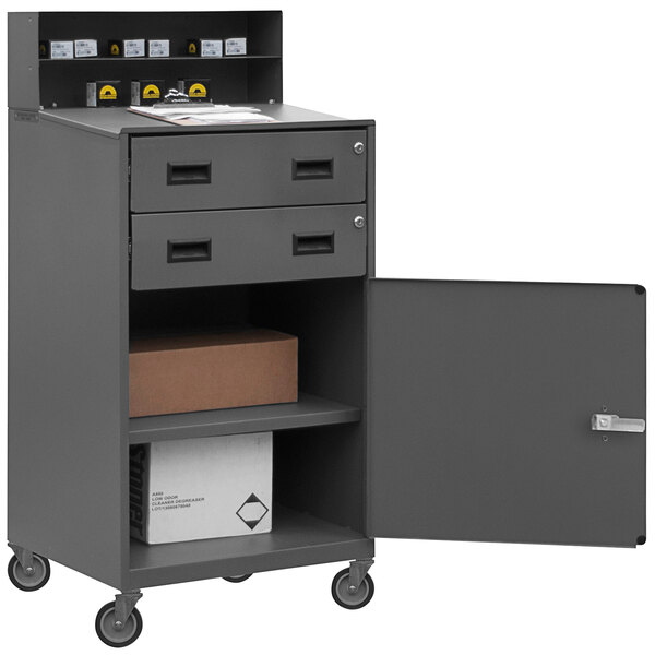 A grey metal Durham shop desk with 2 drawers and an open door.