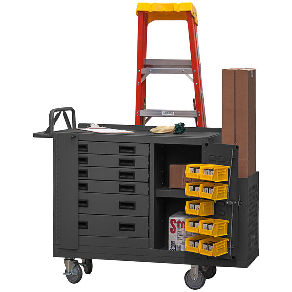 A black Durham maintenance cart with 6 drawers and 9 bins.