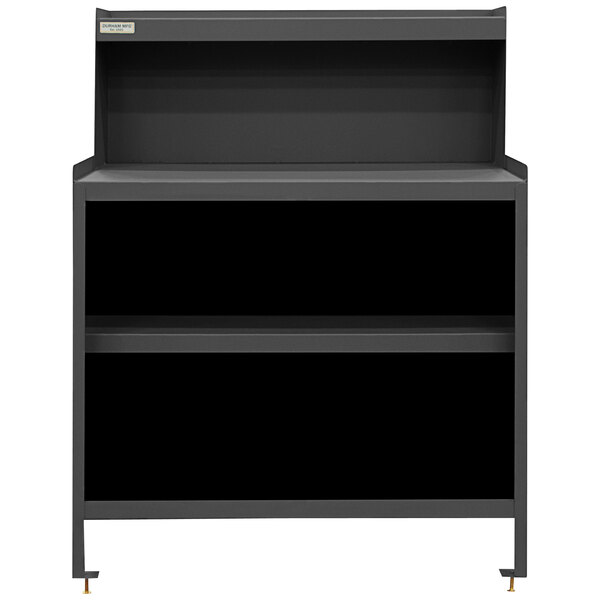 A black Durham workstation with a riser and two shelves.