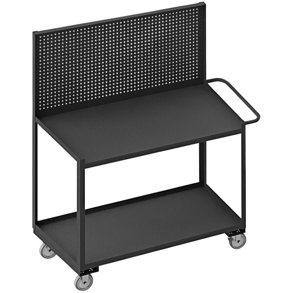 A black Durham Manufacturing mobile workstation cart with pegboard and shelves.