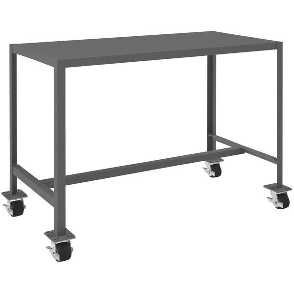 A grey Durham Manufacturing machine table with wheels.