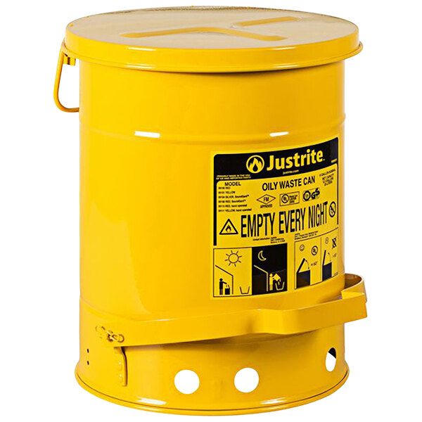 A yellow metal Justrite oily waste can with a lid.