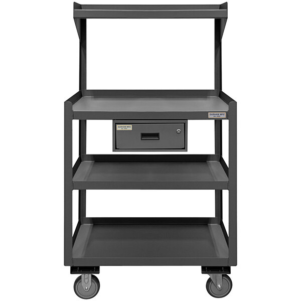 A grey metal mobile shop desk with 4 shelves and a drawer.