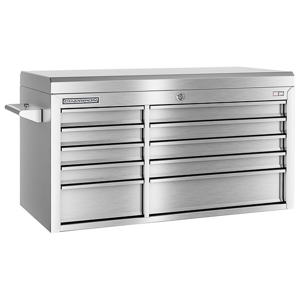 A silver Champion Tool Storage stainless steel top chest with drawers.