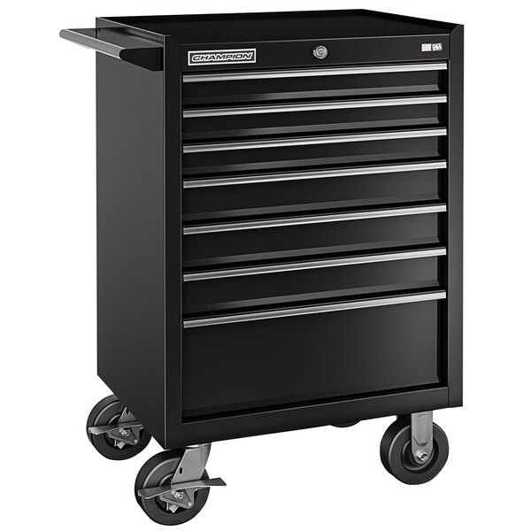 A black Champion Tool Storage mobile cabinet with 7 drawers and wheels.