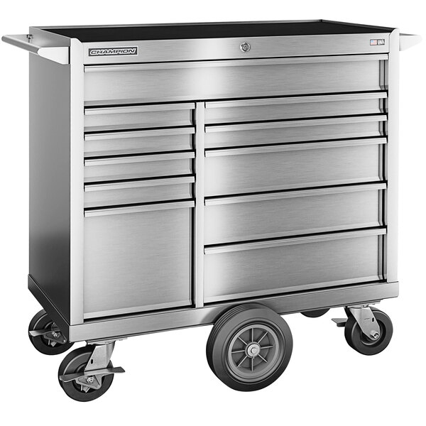 A silver stainless steel tool cart with black wheels.