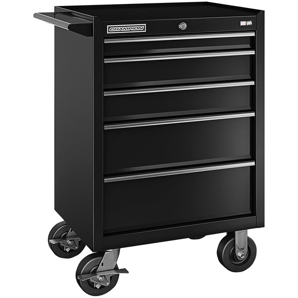 A black Champion Tool Storage mobile cabinet with five drawers on wheels.