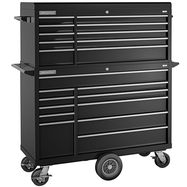 A black Champion Tool Storage top chest and mobile storage cabinet with wheels.