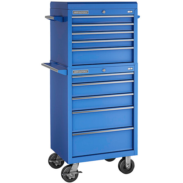A blue Champion Tool Storage top chest and mobile cabinet with drawers and wheels.