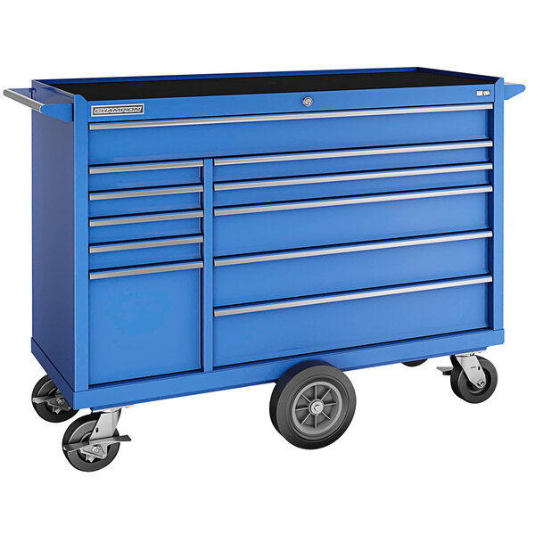 A blue Champion Tool Storage mobile storage cabinet with drawers and wheels.