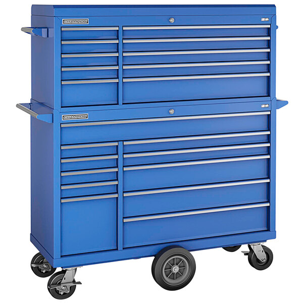 A blue Champion Tool Storage top chest and mobile storage cabinet on wheels.