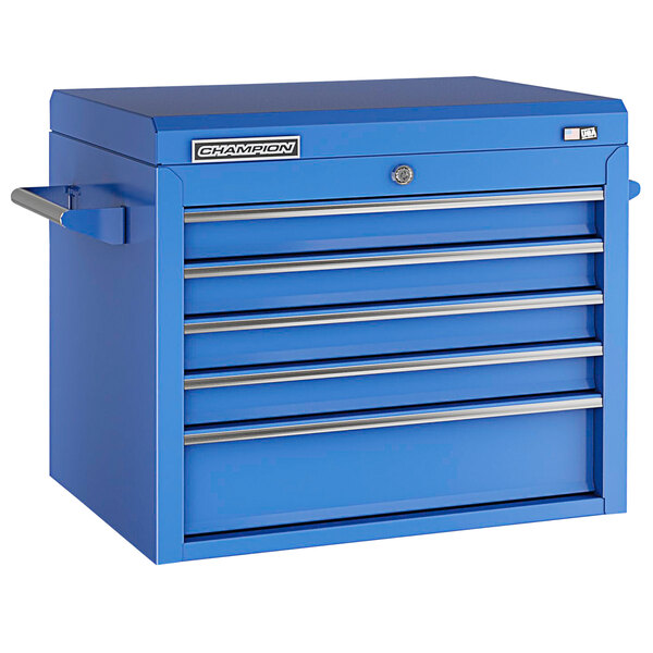 A blue Champion Tool Storage top chest with five drawers and silver handles.