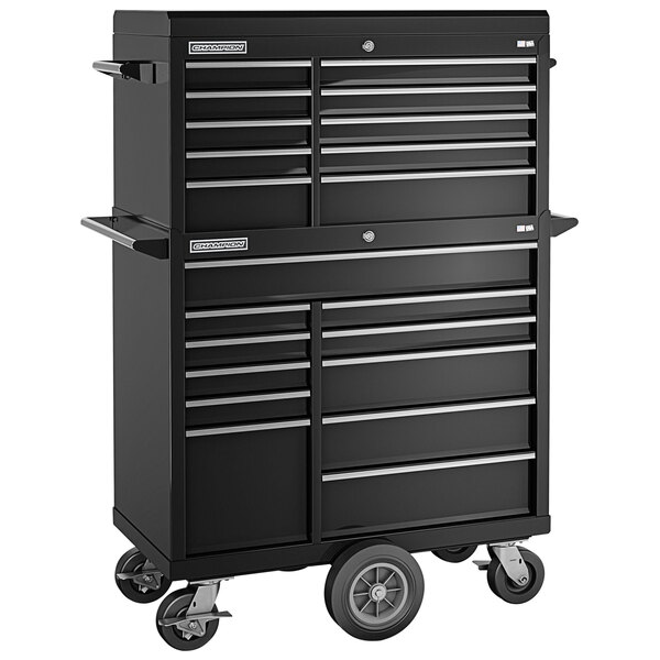 A black Champion Tool Storage top chest and maintenance cart with wheels.