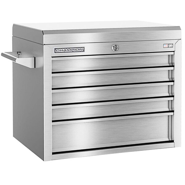 A silver stainless steel Champion Tool Storage top chest with five drawers.