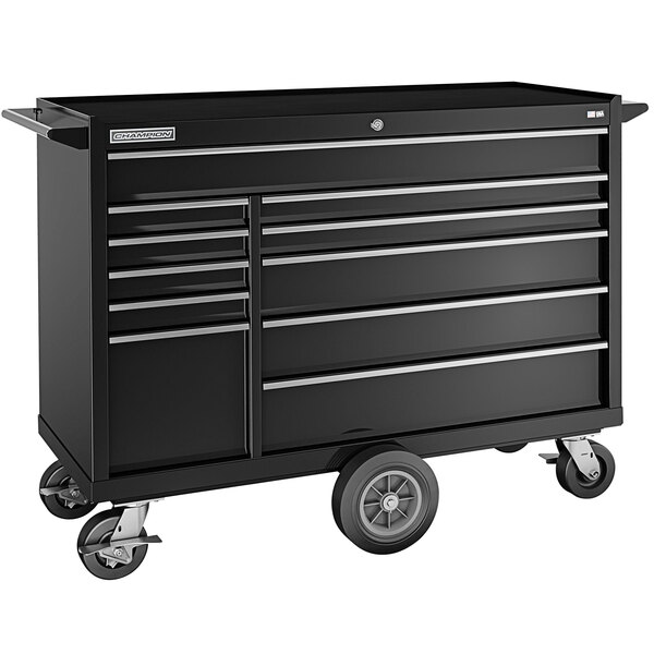 A black Champion Tool Storage mobile storage cabinet with 11 drawers on wheels.
