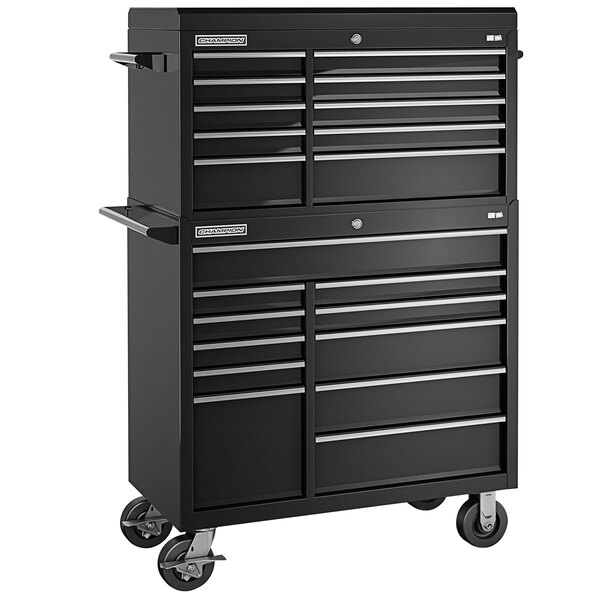 A black Champion Tool Storage top chest and mobile cabinet with drawers on wheels and silver handles.
