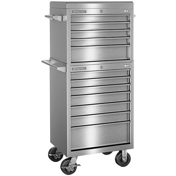 A silver Champion Tool Storage stainless steel 12-drawer top chest and mobile storage cabinet on wheels.