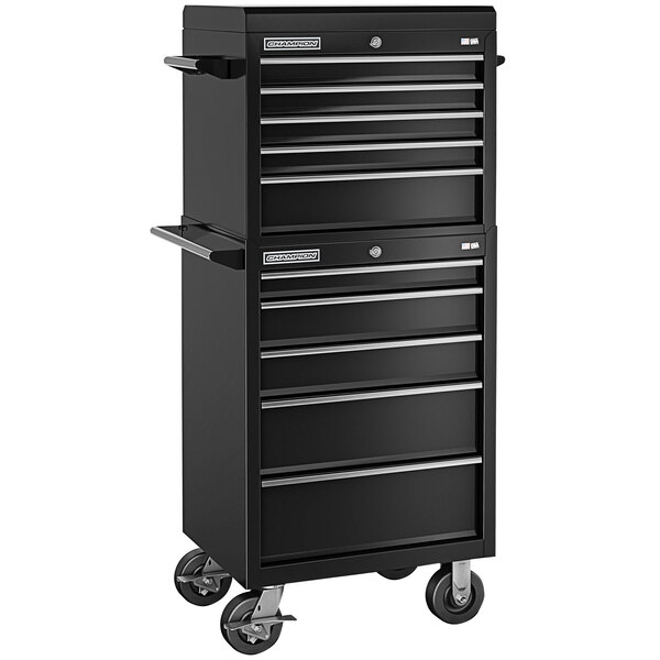 A black Champion Tool Storage top chest and mobile cabinet on wheels with silver handles.