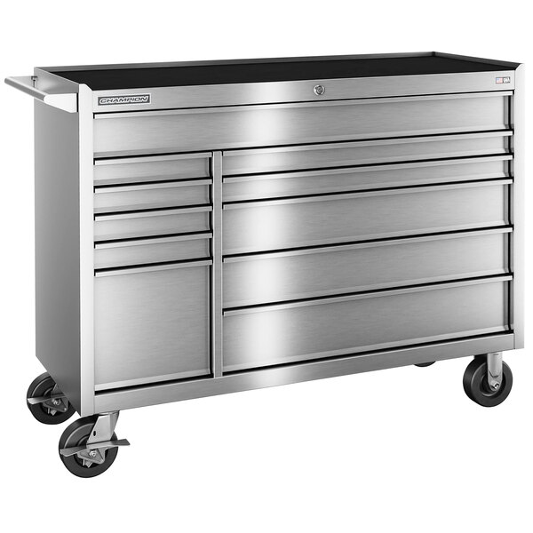 A silver Champion Tool Storage mobile cabinet with 11 drawers.