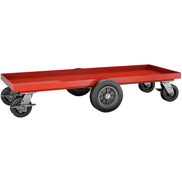 A red metal cart with black wheels.