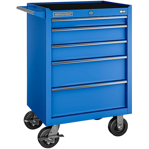 A blue Champion Tool Storage mobile storage cabinet with five drawers on wheels.
