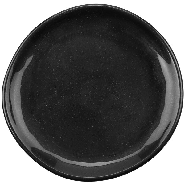 A black GET Cosmo melamine plate with a speckled surface.
