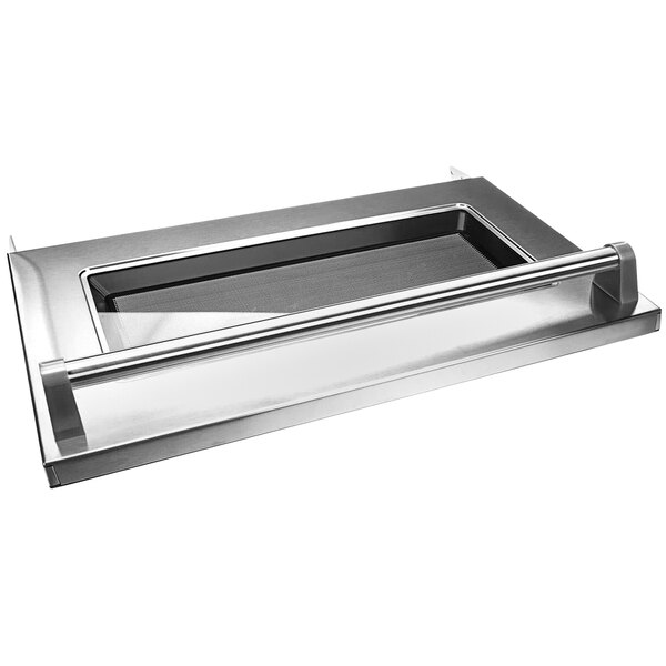 A stainless steel rectangular door assembly with a handle.