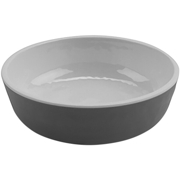 A white bowl with a gray rim.