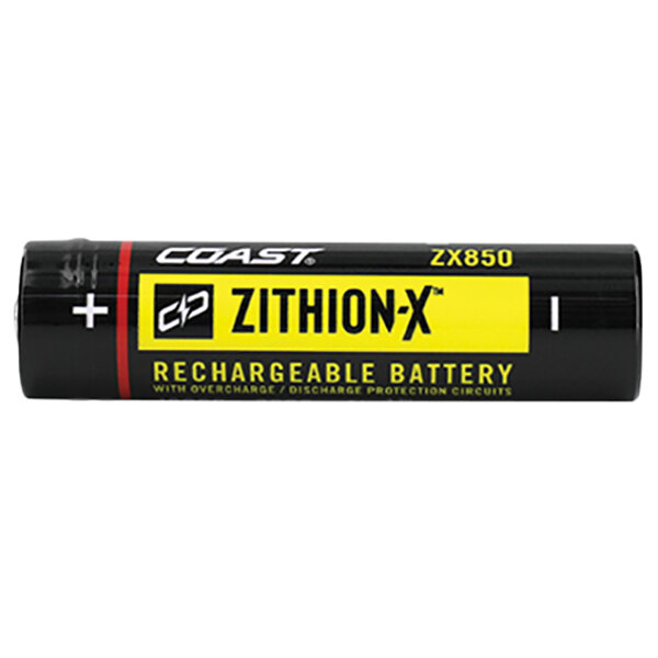 A black Coast USB-C rechargeable lithium battery with a yellow and black label that says "ZX850"