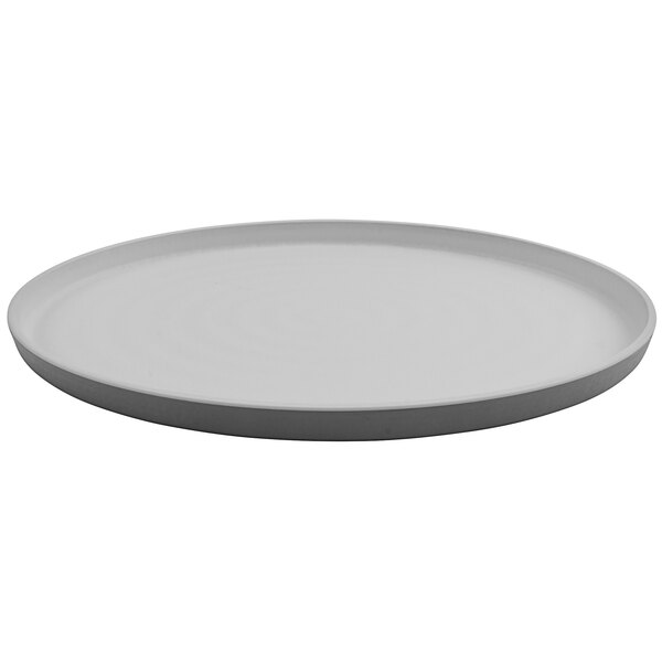 A gray oval platter with a white background.