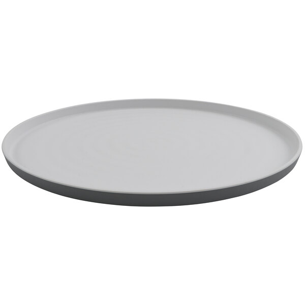 A white oval platter with a gray rim.