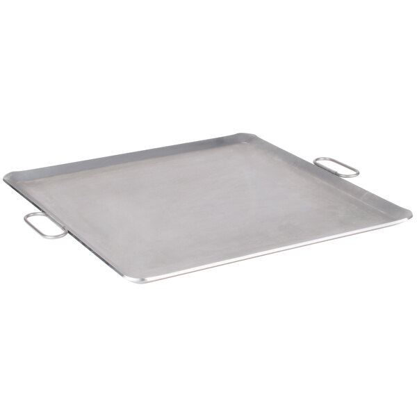 A square stainless steel portable griddle tray with handles.