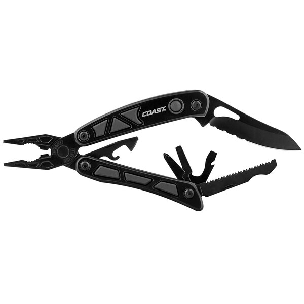 A Coast black multi tool with a knife open.