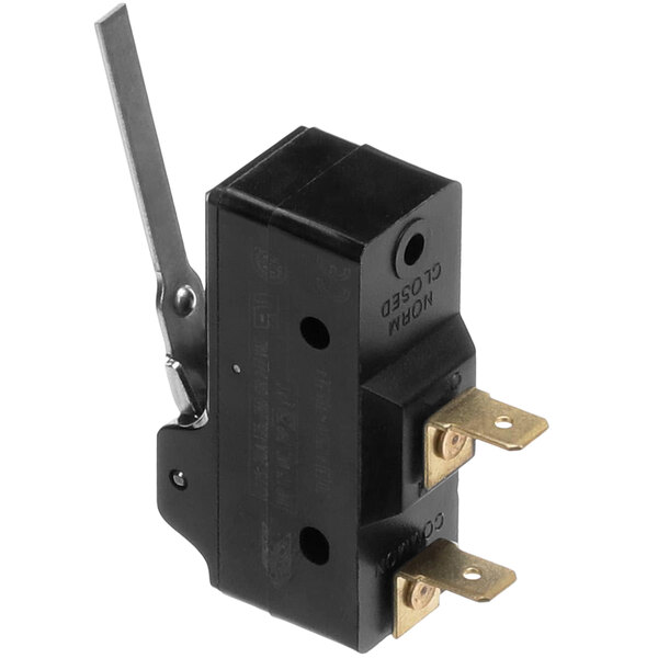 A Solwave micro switch with a metal handle and two black wires.