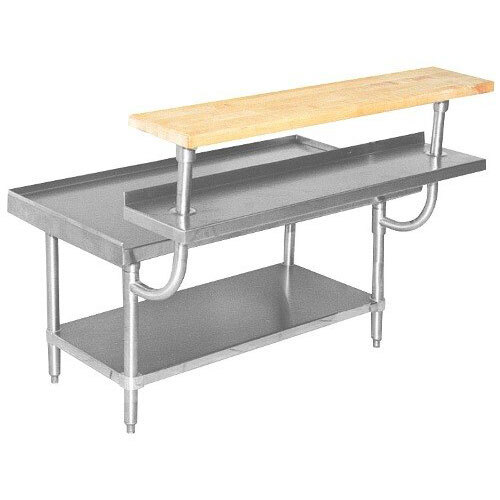 A stainless steel table with a wooden top.