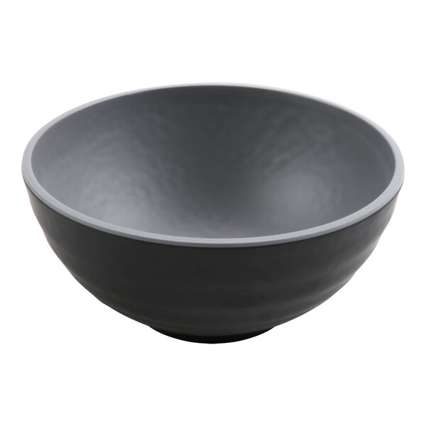 A close up of a black and gray GET Roca melamine ramen bowl.