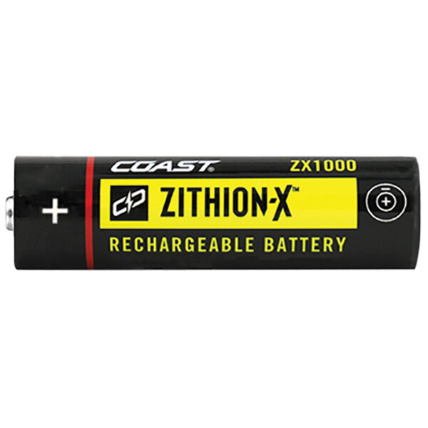 A black Coast lithium battery with a yellow and black label.