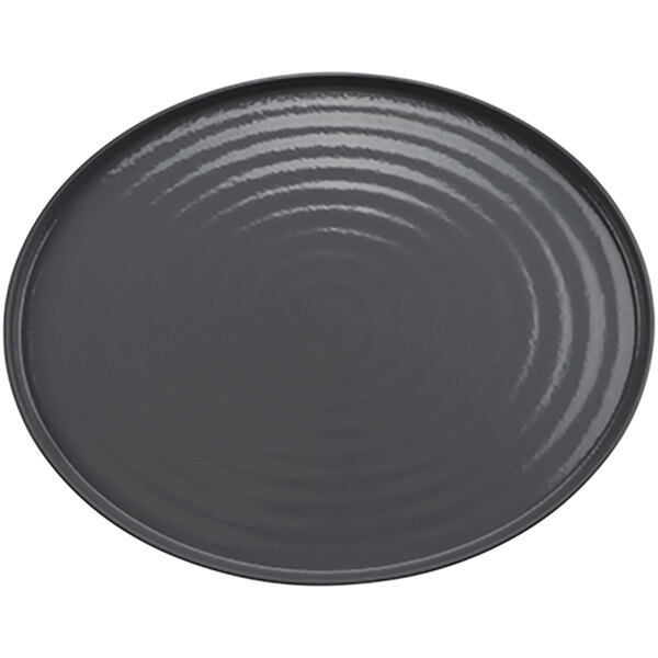A gray melamine oval platter with a spiral pattern.