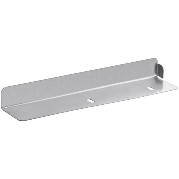 A rectangular metal bracket with two holes on it.