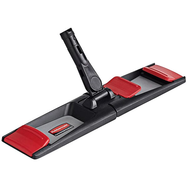 A black and red Rubbermaid adaptable flat mop frame.