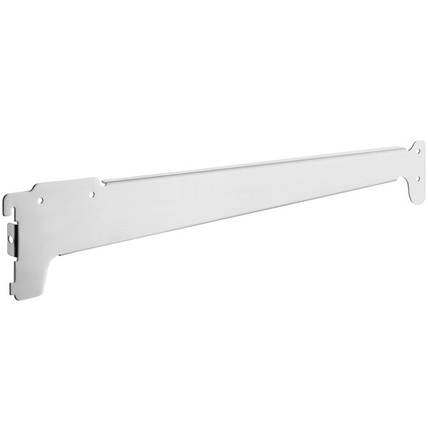 A white metal shelf with two metal brackets.