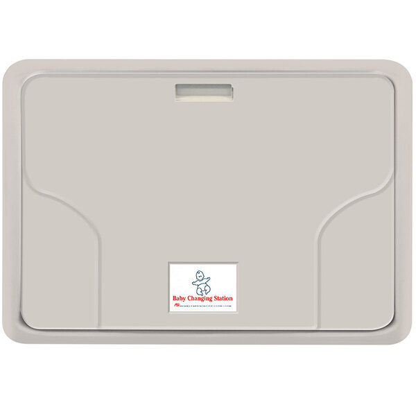 An American Specialties, Inc. white plastic surface mount baby changing table with a baby logo on it.