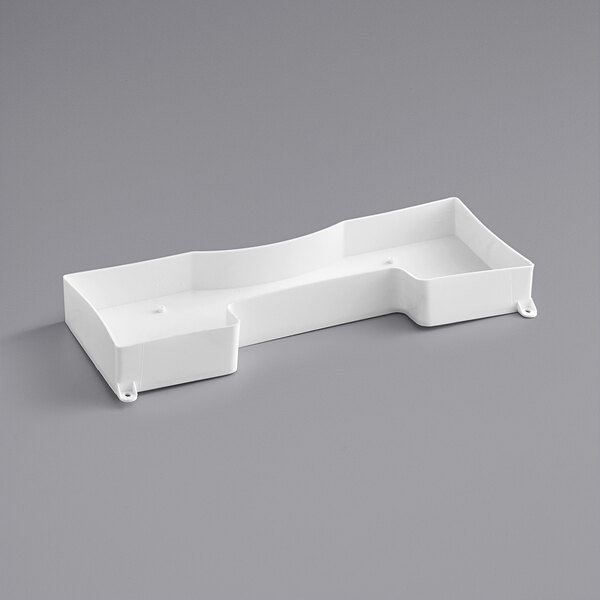 An Avantco white plastic condensate pan with a curved design and a handle.