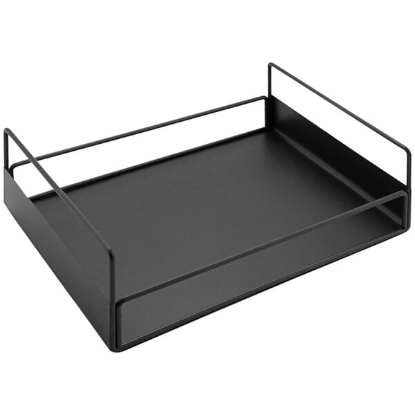 A black rectangular wire condiment holder with metal frame and two handles.