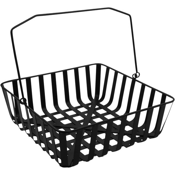 A black metal square serving basket with a swinging handle.