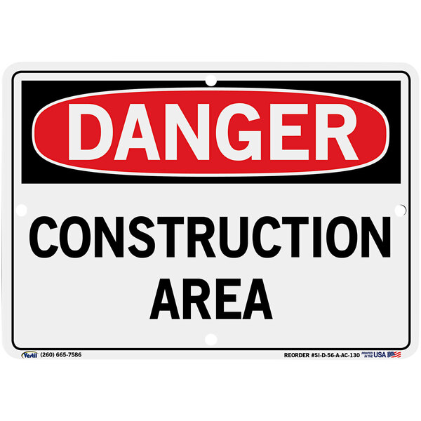 A close-up of a Vestil "Danger / Construction Area" sign for construction sites.