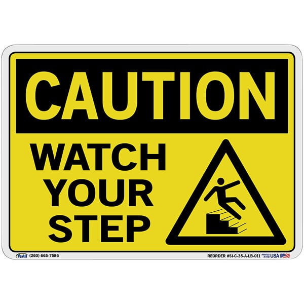 A yellow and black "Caution / Watch Your Step" sign with a person falling down.